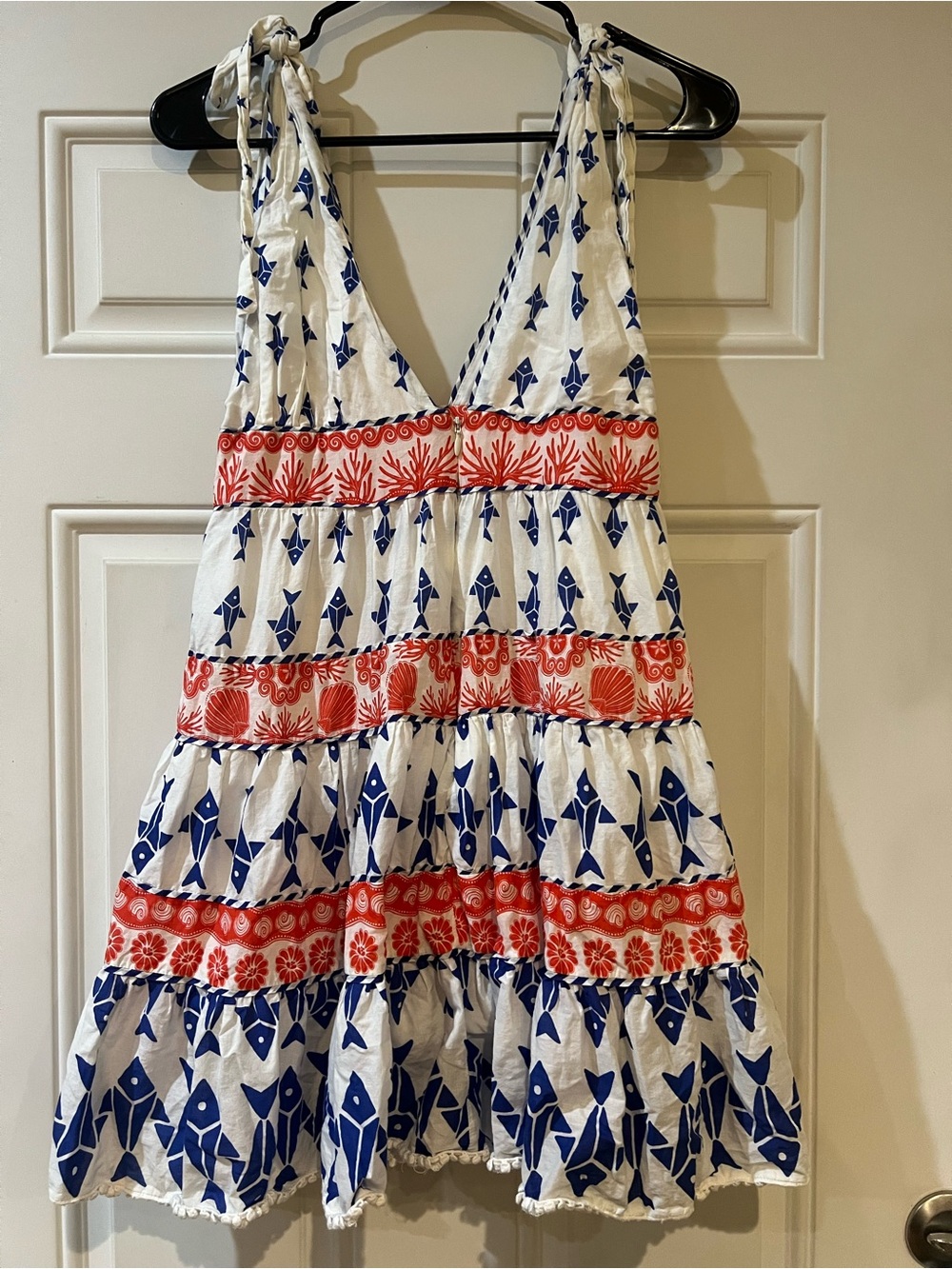 FARM Rio White Sundress with Blue Fish and Red Coral Bands Size Small